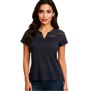 Chaps Navy Lace Yoke Short Sleeve Top 100% Cotton Women’s Size L